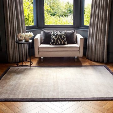 Blade Slim Border Modern Plain Distressed Tonal Metallic Shimmer Hand-Woven Soft Textured Tip Sheared Loop Pile Silky Viscose Flatweave Putty/Charcoal Border Rug-Asiatic Carpets-Rug Love - The Most Loved Rug Store